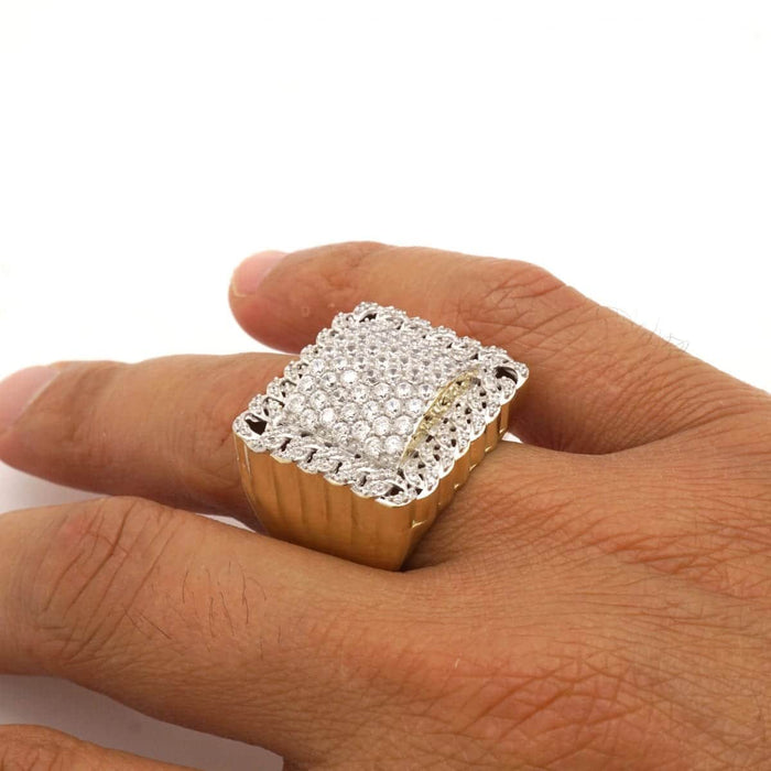 CZ Pave Set 10k Yellow Gold Cuban Halo Signet Men's Ring