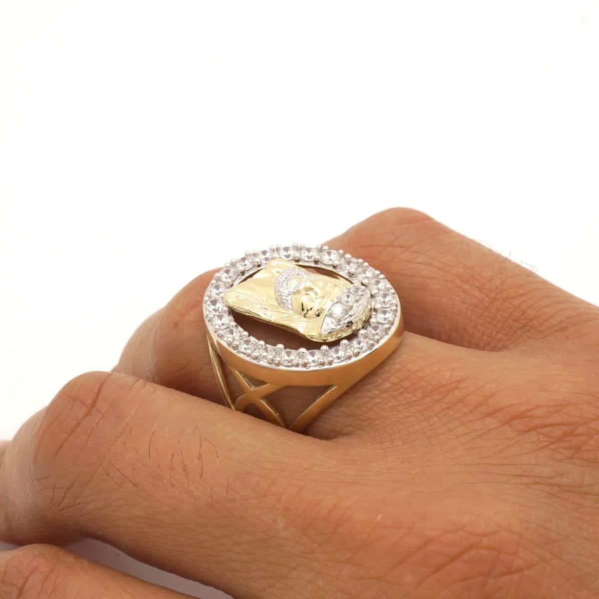 10k Gold Yellow CZ Halo Jesus Head Men's Signet Ring
