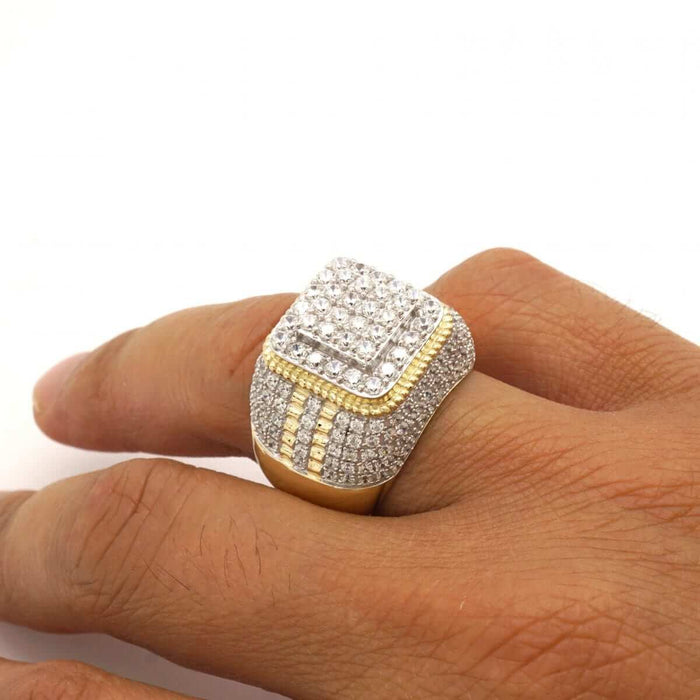 Simulated White Diamond Pave Set 10k Yellow Gold Men's Signet Ring Size 10