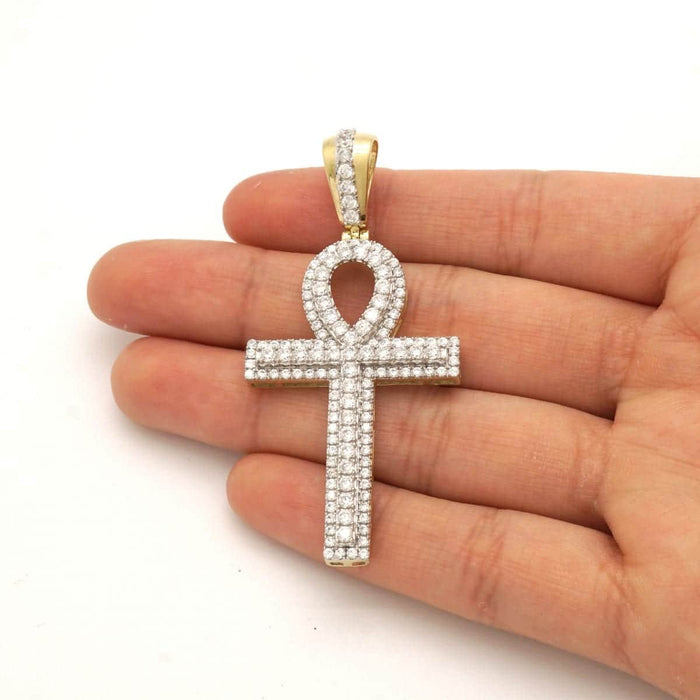 10k Yellow Gold CZ Egyptian Ankh Religious Pendant 2.4"