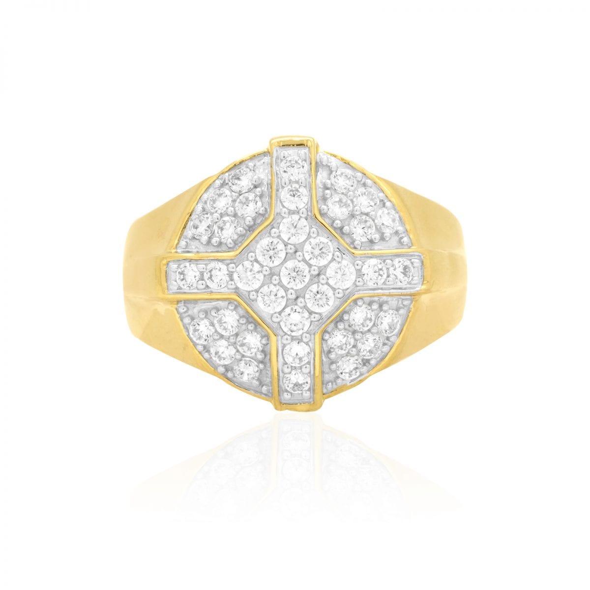 CZ Pave Set 10k Yellow & White Gold Cross Men's Signet Ring