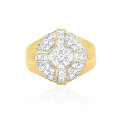 CZ Pave Set 10k Yellow & White Gold Cross Men's Signet Ring