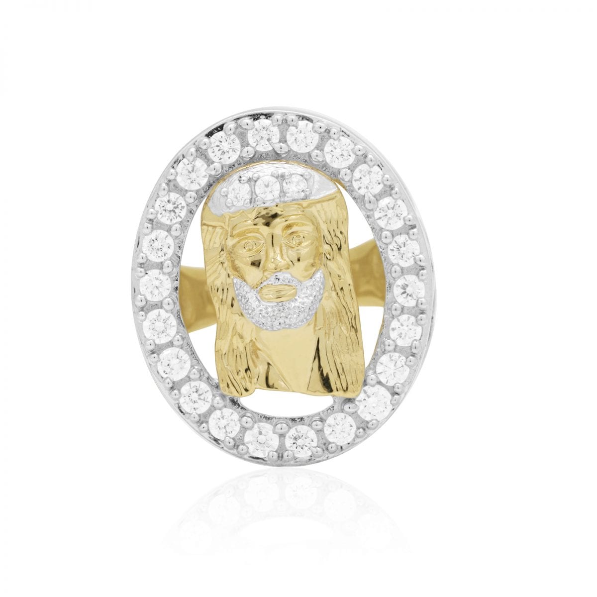 10k Gold Yellow CZ Halo Jesus Head Men's Signet Ring
