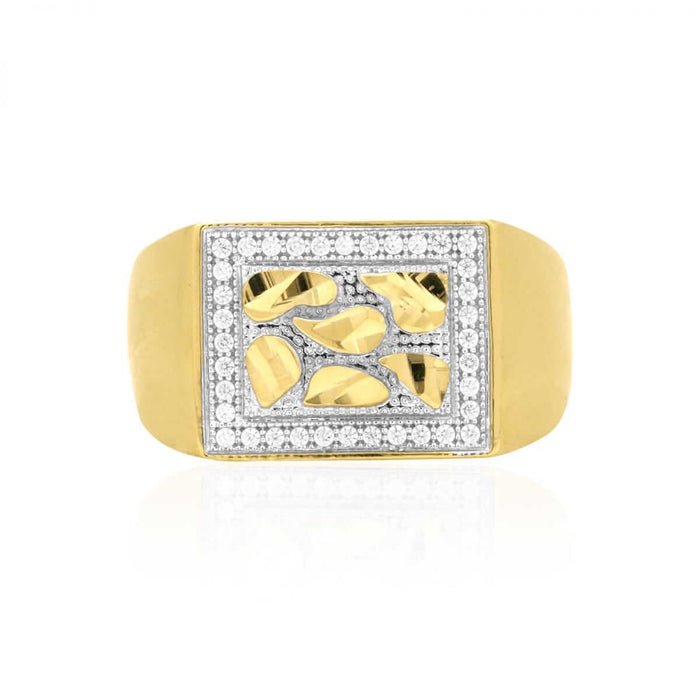 14k Yellow Gold CZ-Cut Nugget Men's Signet Ring Sizes 8-12