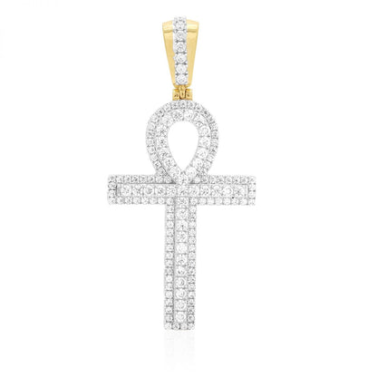 10k Yellow Gold Created Diamond Egyptian Ankh Religious Pendant 2.4"