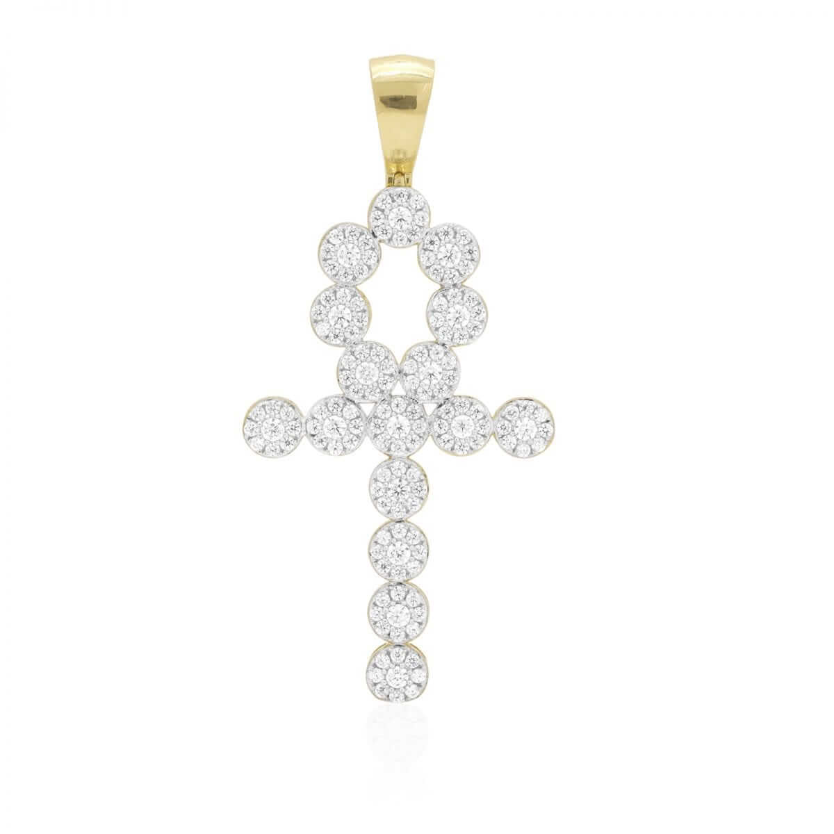 10k Yellow Gold 5Ct CZ Egyptian Ankh Religious Pendant 2.28"