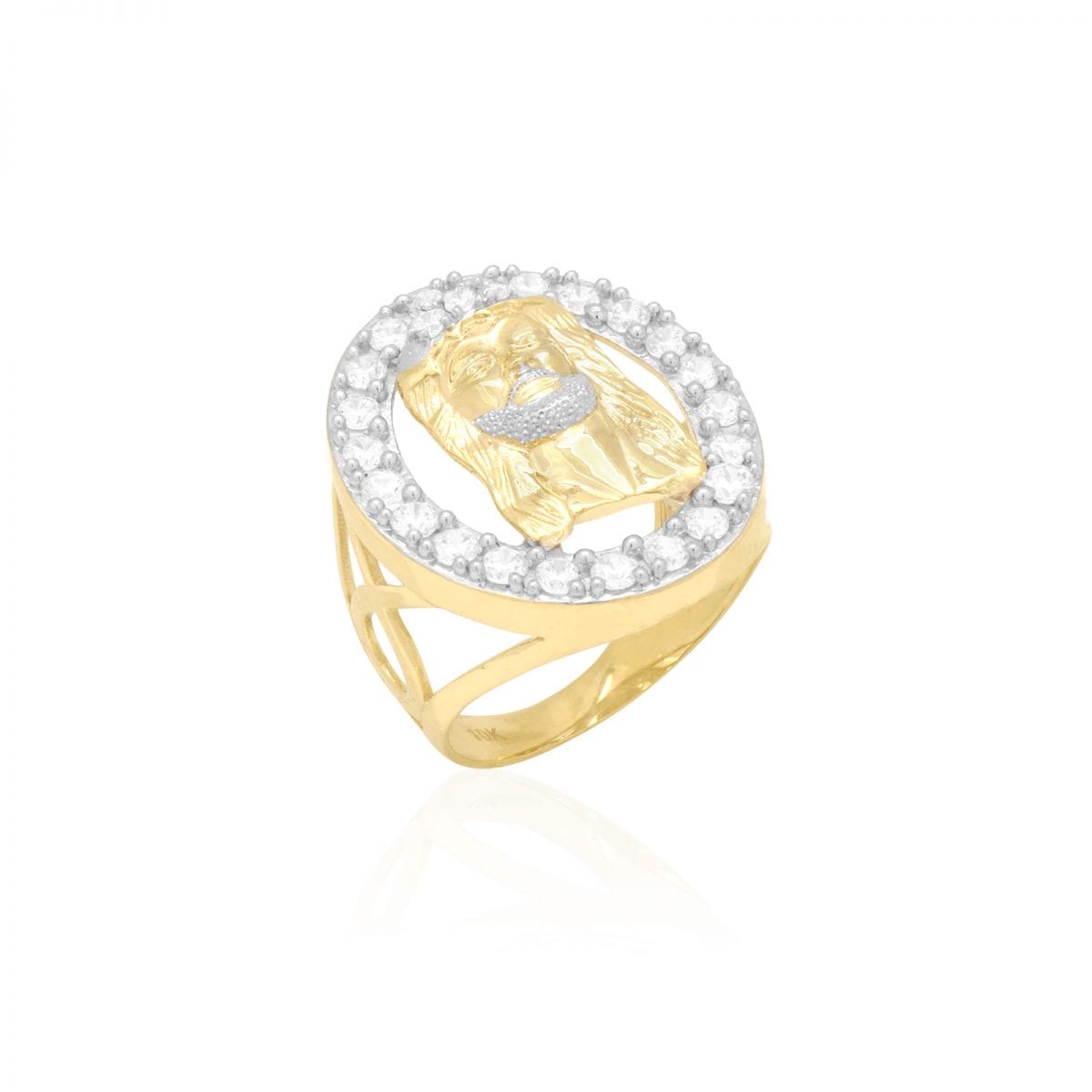 10k Gold Yellow CZ Halo Jesus Head Men's Signet Ring