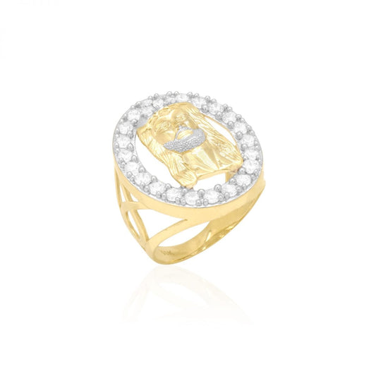 10k Gold Yellow CZ Halo Jesus Head Men's Signet Ring