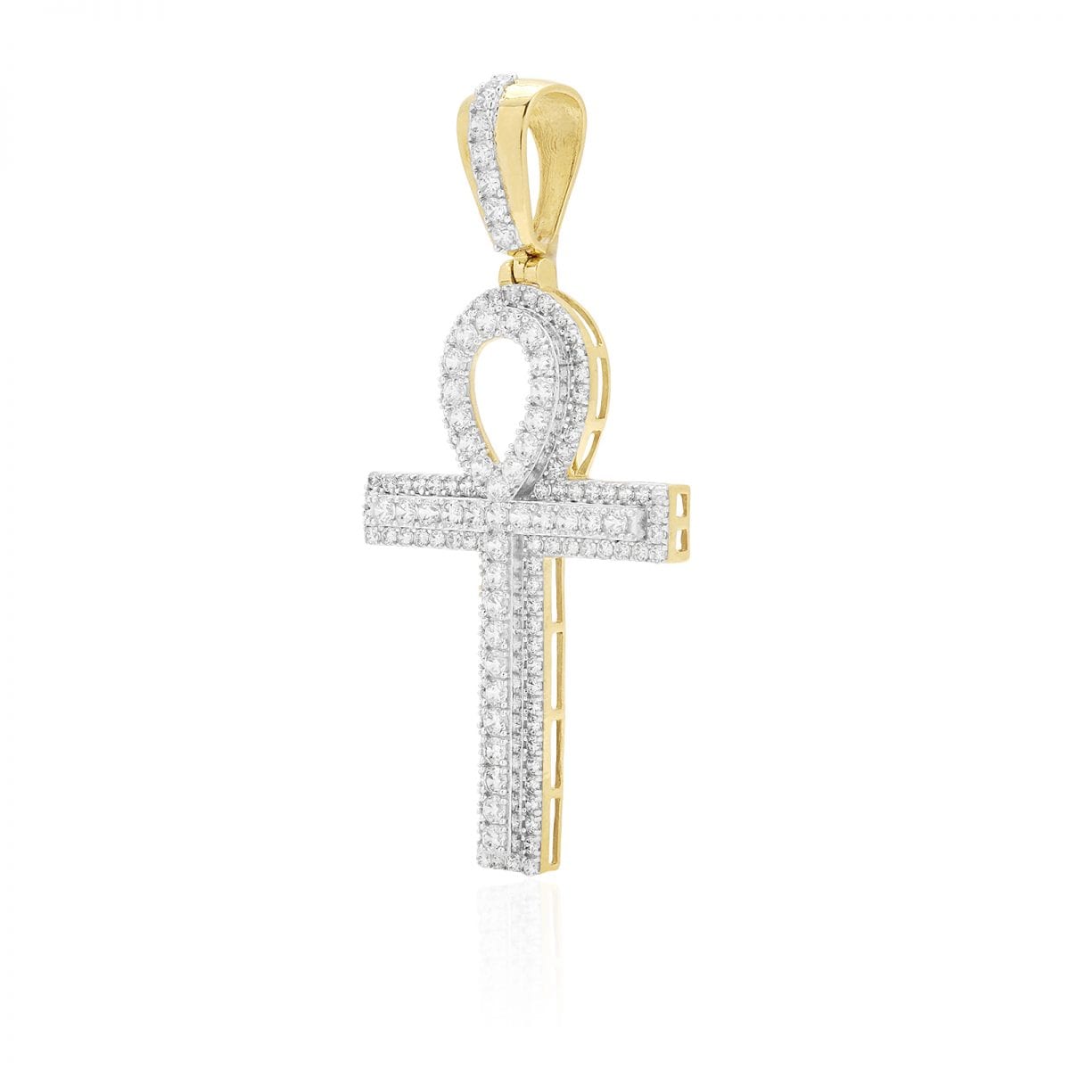 10k Yellow Gold Created Diamond Egyptian Ankh Religious Pendant 2.4"