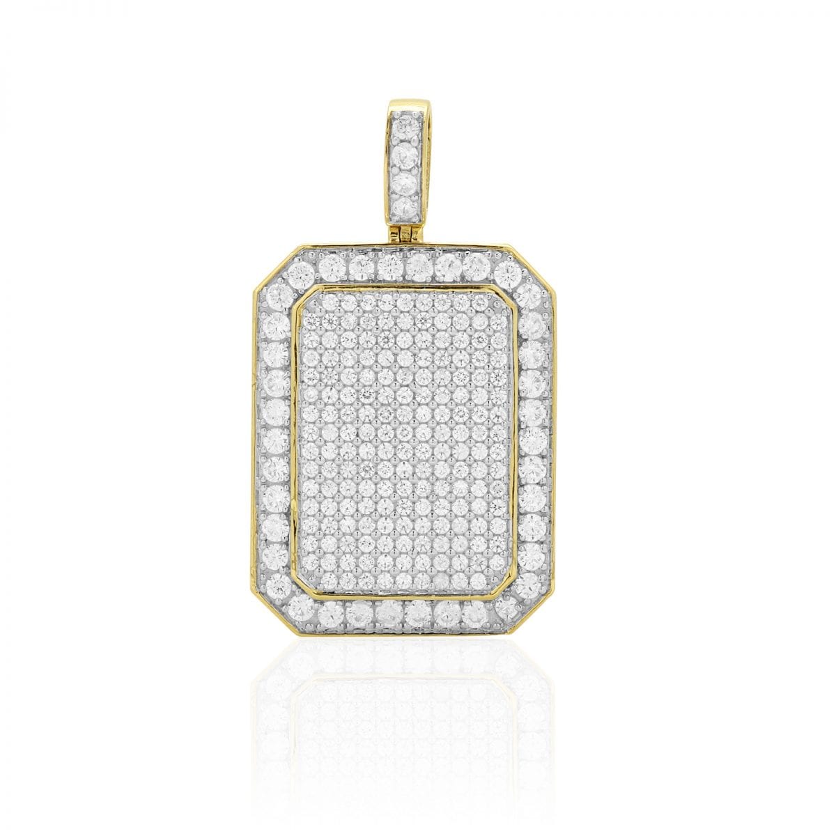 10k Yellow Gold 5Ct Created Diamond Micro Pave Set Emerald Dog Tag Pendant