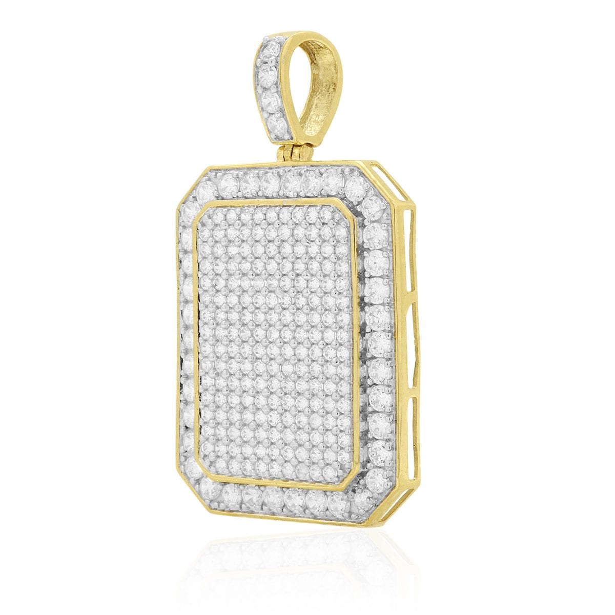 10k Yellow Gold 5Ct Created Diamond Micro Pave Set Emerald Dog Tag Pendant