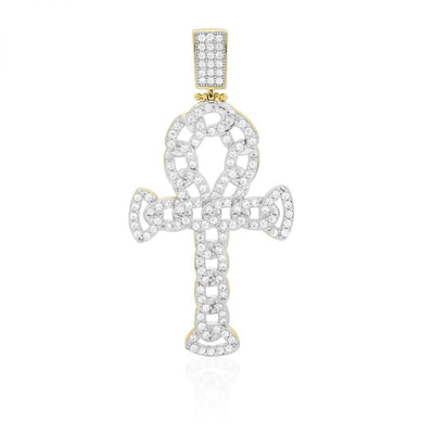 10k Yellow Gold 4Ct CZ Cuban Egyptian Ankh Pendant 2.36"