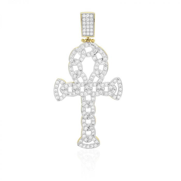 10k Yellow Gold 4Ct CZ Cuban Egyptian Ankh Pendant 2.36"