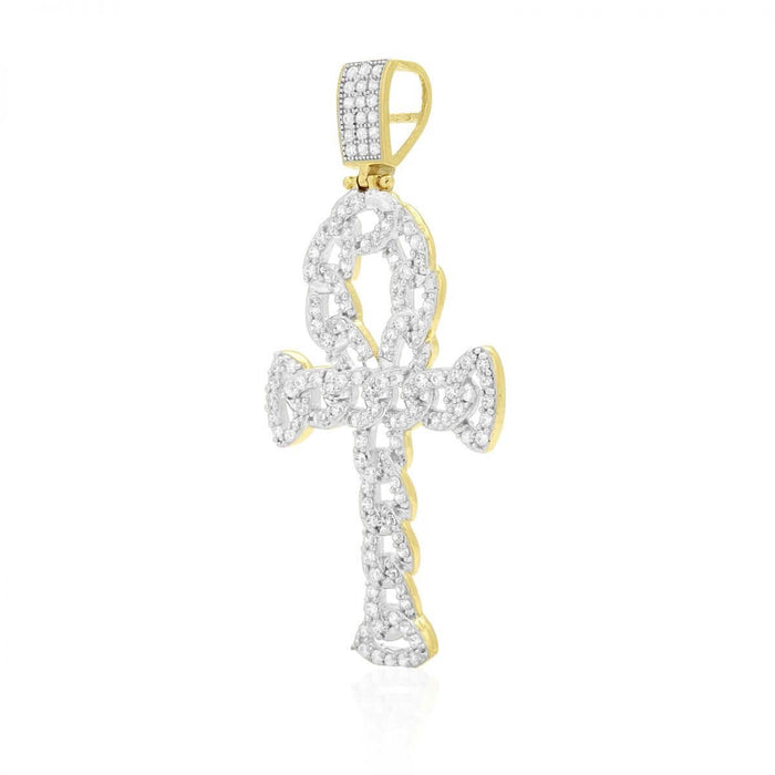 10k Yellow Gold 4Ct CZ Cuban Egyptian Ankh Pendant 2.36"