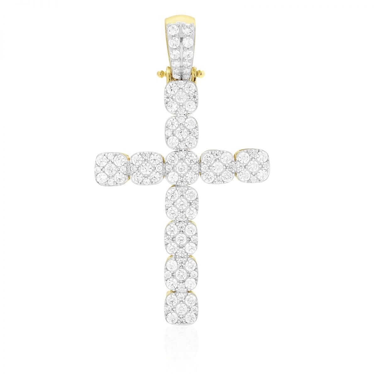 4.70Ct CZ Segmented Pave Cross Pendant 10k Yellow Gold 2.17"