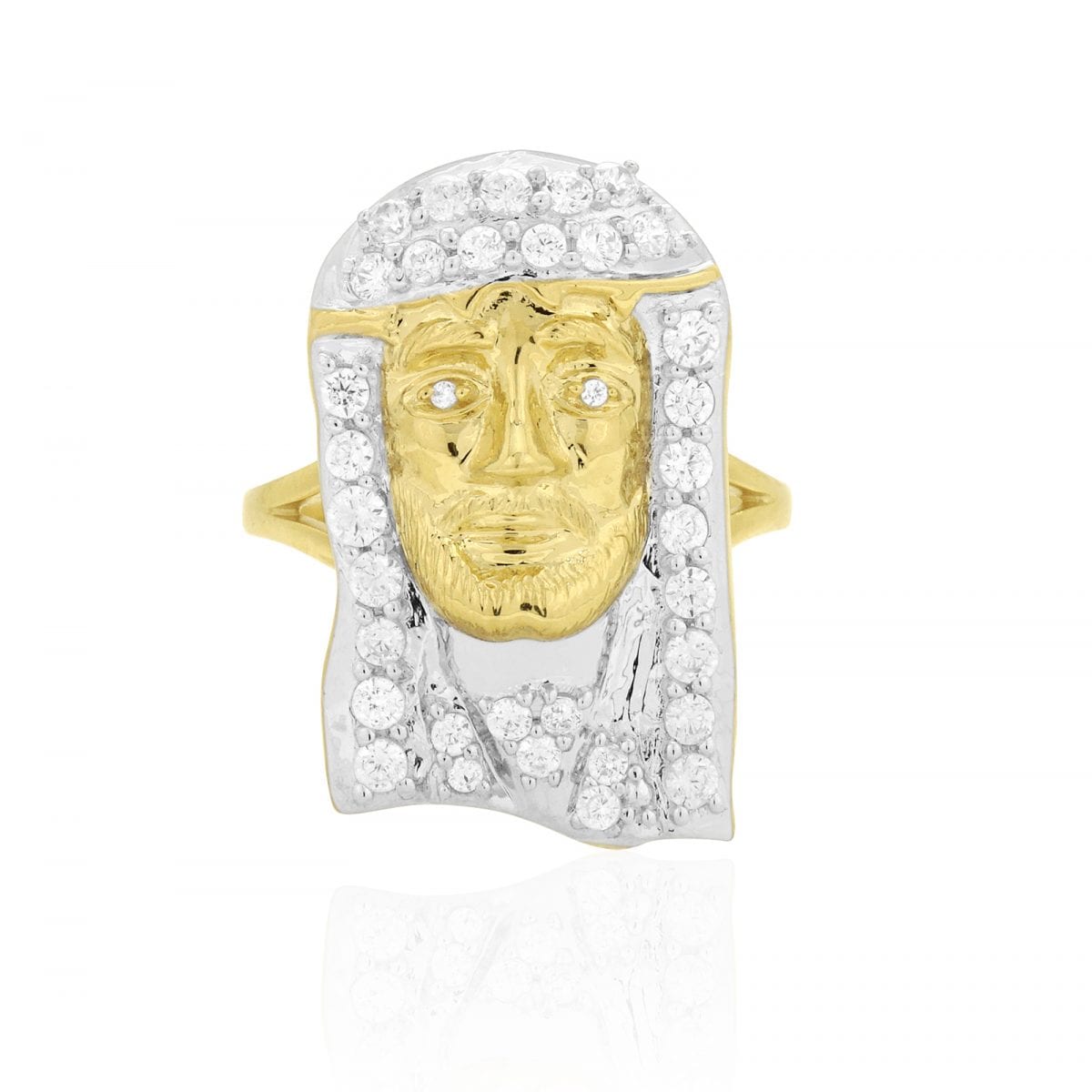 1.70Ct CZ 10k Real Gold Two-Tone White Yellow Pave Jesus Head Religious Ring