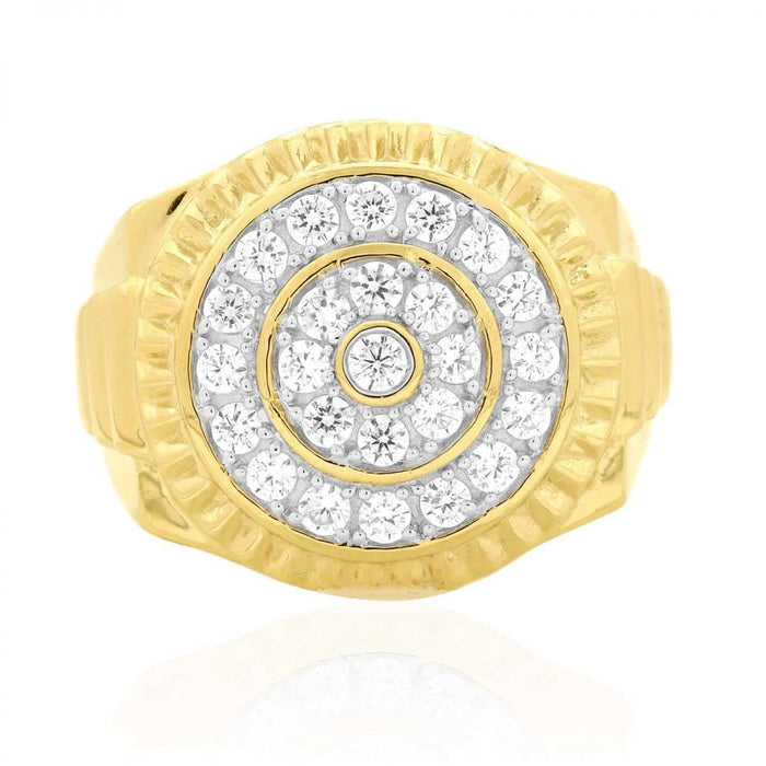 10k Yellow & White Gold 1.30Ct CZ Pave Round Men's Signet Ring