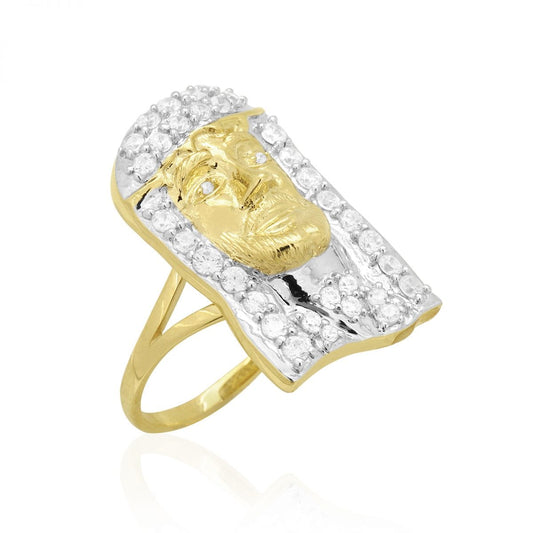 1.70Ct CZ 10k Real Gold Two-Tone White Yellow Pave Jesus Head Religious Ring