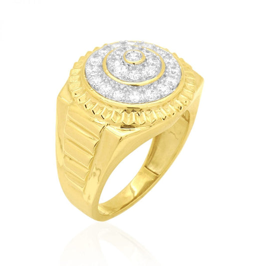 10k Yellow & White Gold 1.30Ct Created Diamond Pave Round Men's Signet Ring
