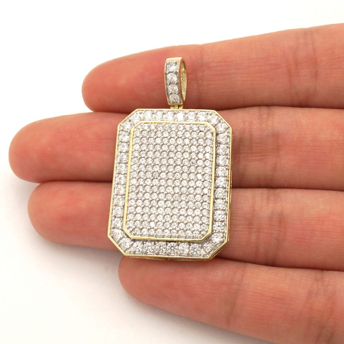 10k Yellow Gold 5Ct Created Diamond Micro Pave Set Emerald Dog Tag Pendant