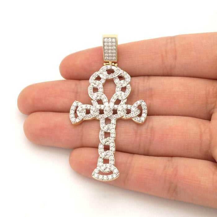 10k Yellow Gold 4Ct CZ Cuban Egyptian Ankh Pendant 2.36"