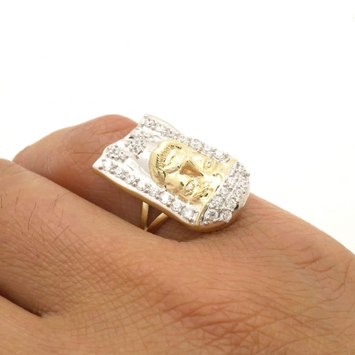 1.70Ct CZ 10k Real Gold Two-Tone White Yellow Pave Jesus Head Religious Ring