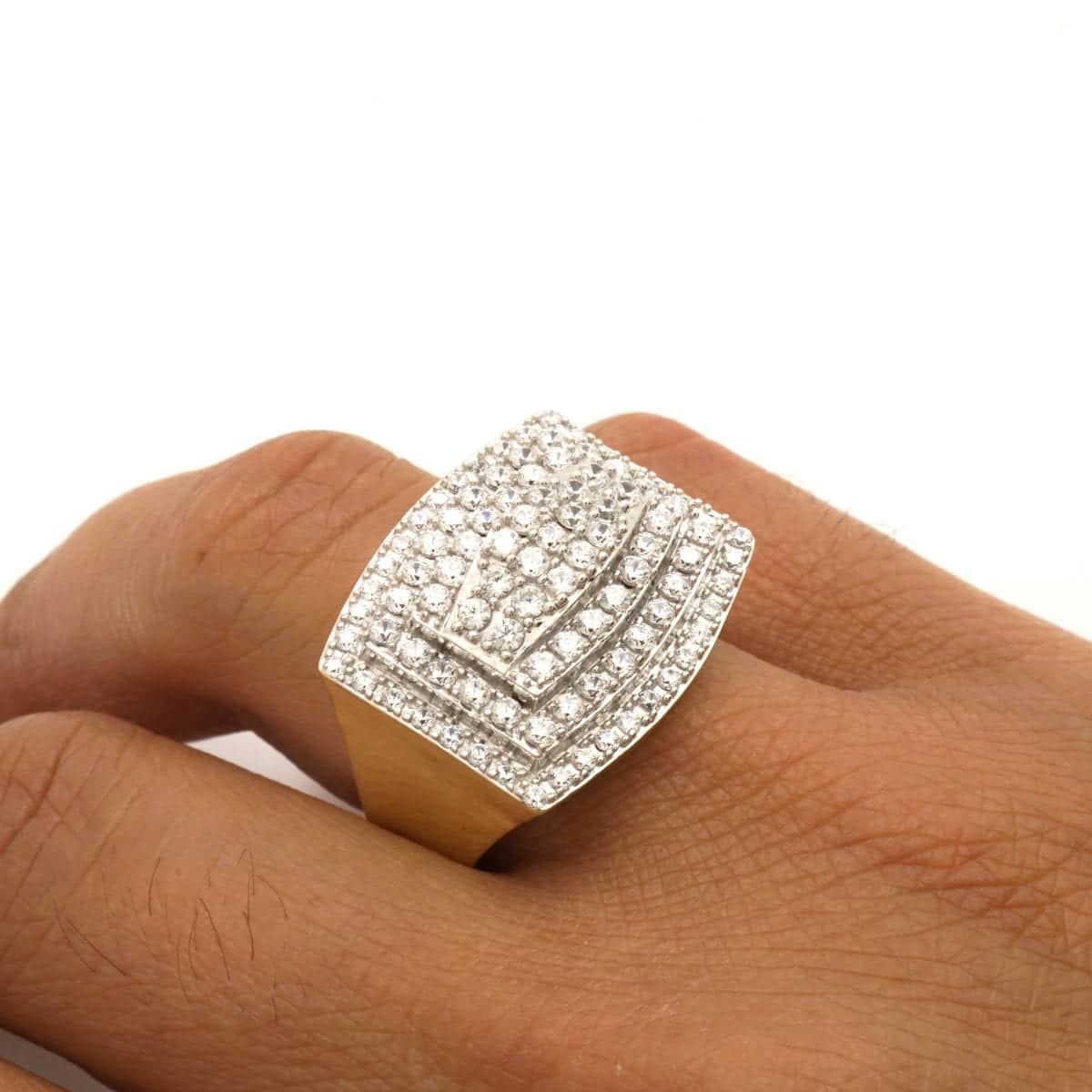 10k Yellow and White Gold 4Ct Created Diamond Pave Set Men's Signet Ring