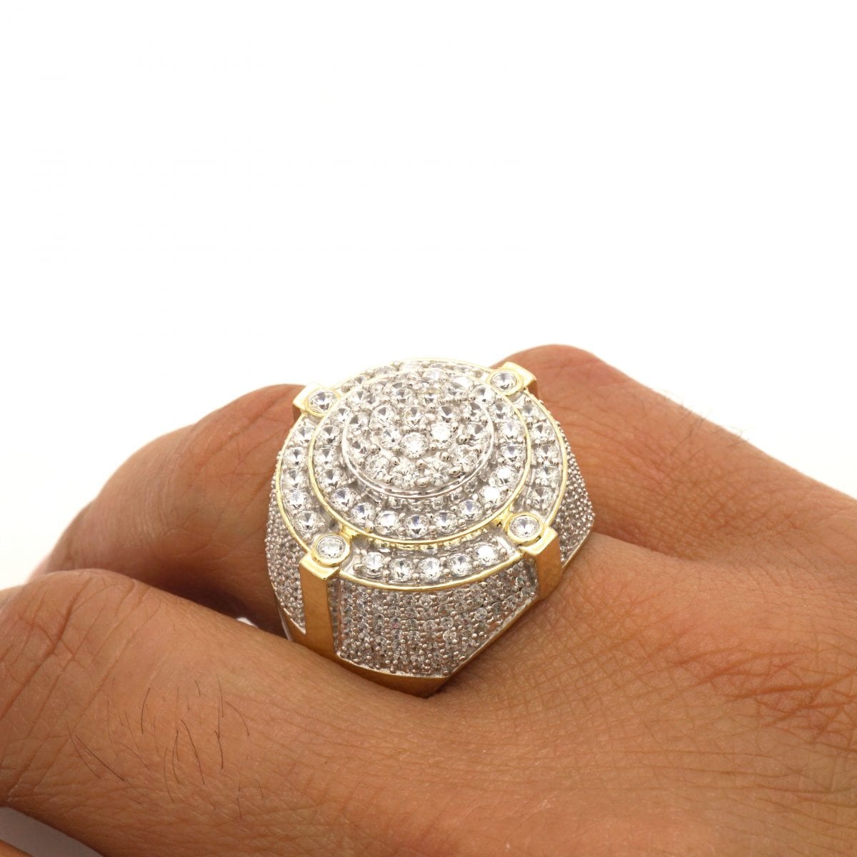 10k Yellow & White Gold 7Ct CZ Micro Pave Round Men's Signet Ring