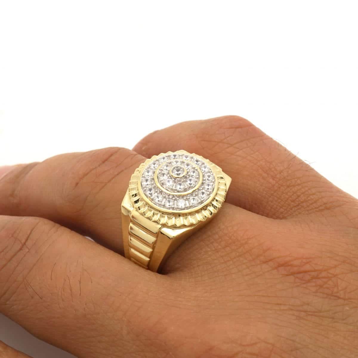 10k Yellow & White Gold 1.30Ct Created Diamond Pave Round Men's Signet Ring