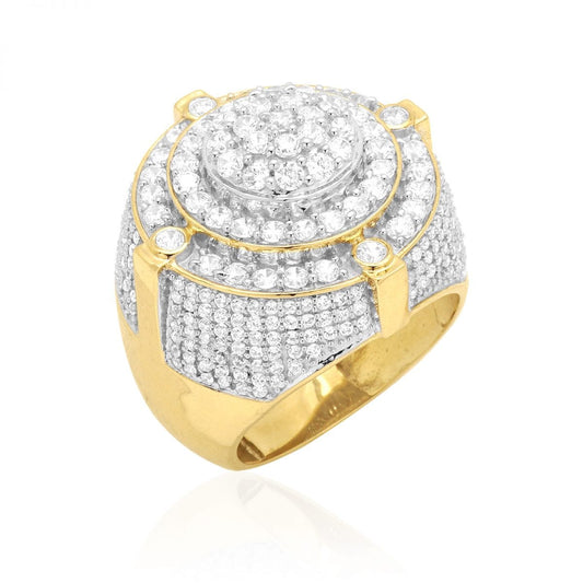 10k Yellow & White Gold 7Ct CZ Micro Pave Round Men's Signet Ring