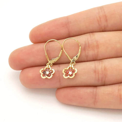 14K Real Gold Yellow White Birthstone Flower Shaped  Drop Leverback Earrings