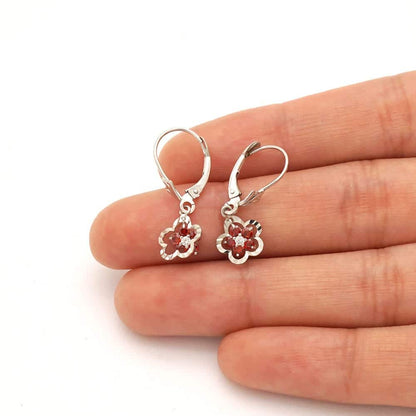 14K Real Gold Yellow White Birthstone Flower Shaped  Drop Leverback Earrings