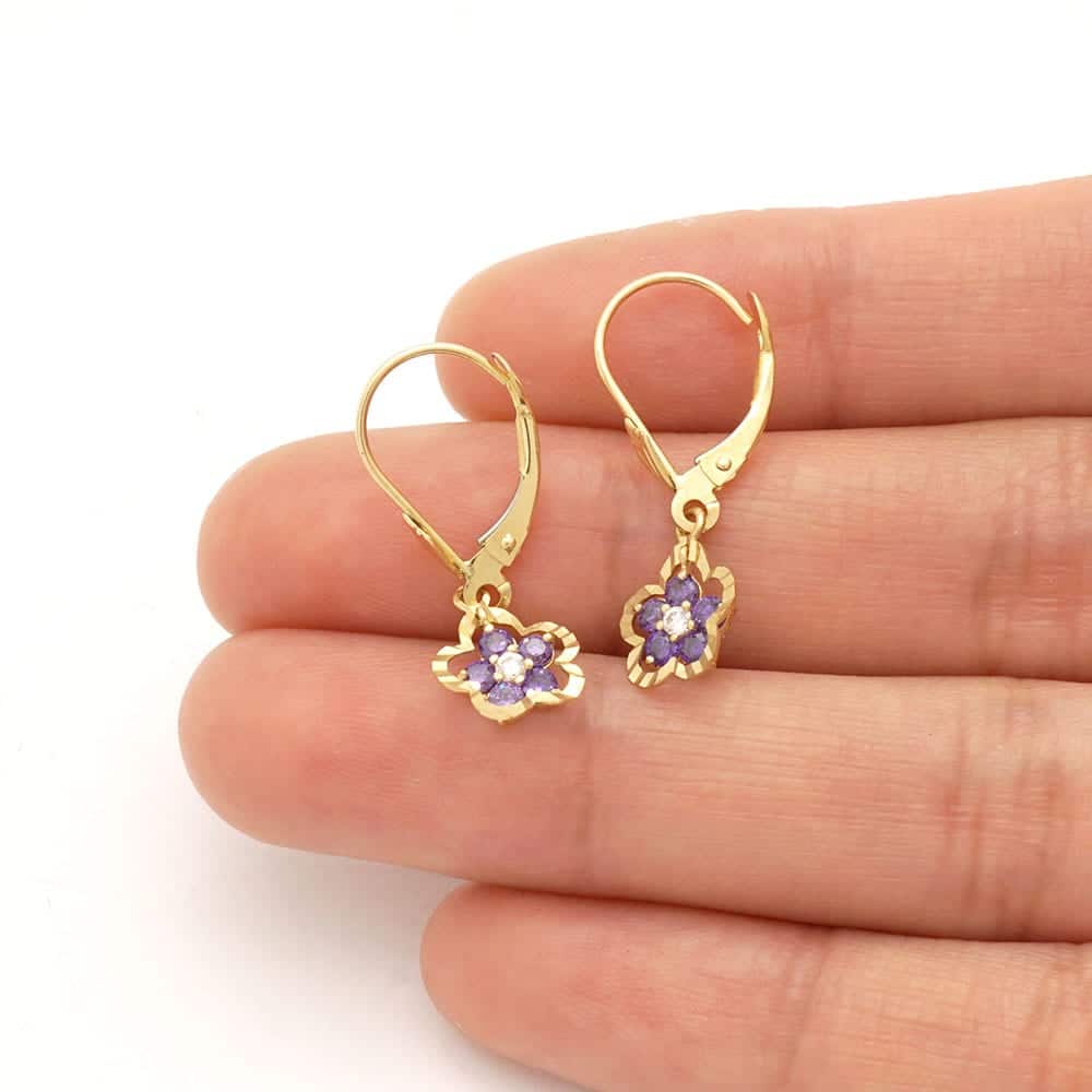 14K Real Gold Yellow White Birthstone Flower Shaped  Drop Leverback Earrings