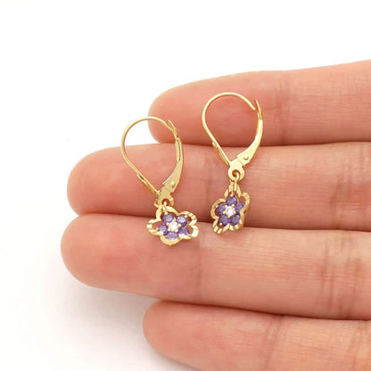 14K Real Gold Yellow White Birthstone Flower Shaped  Drop Leverback Earrings