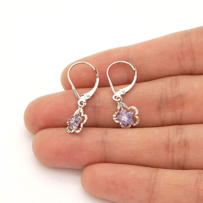 14K Gold Yellow White Birthstone Flower Shaped Drop Leverback Earrings