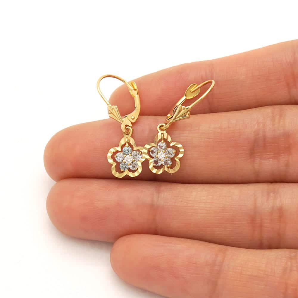 14K Real Gold Yellow White Birthstone Flower Shaped  Drop Leverback Earrings