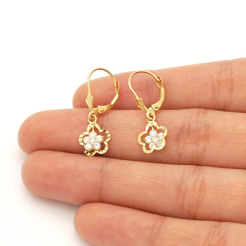 14K Real Gold Yellow White Birthstone Flower Shaped  Drop Leverback Earrings