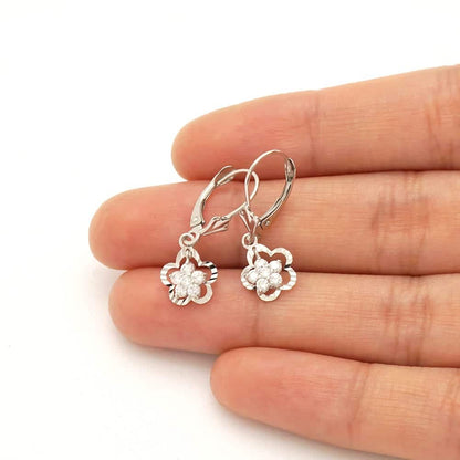14K Real Gold Yellow White Birthstone Flower Shaped  Drop Leverback Earrings