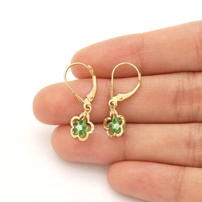 14K Real Gold Yellow White Birthstone Flower Shaped  Drop Leverback Earrings