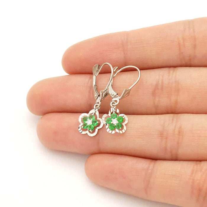 14K Gold Yellow White Birthstone Flower Shaped Drop Leverback Earrings