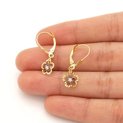 14K Real Gold Yellow White Birthstone Flower Shaped  Drop Leverback Earrings