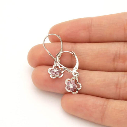 14K Real Gold Yellow White Birthstone Flower Shaped  Drop Leverback Earrings