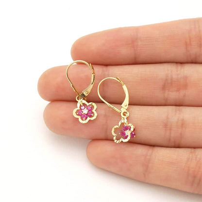 14K Real Gold Yellow White Birthstone Flower Shaped  Drop Leverback Earrings