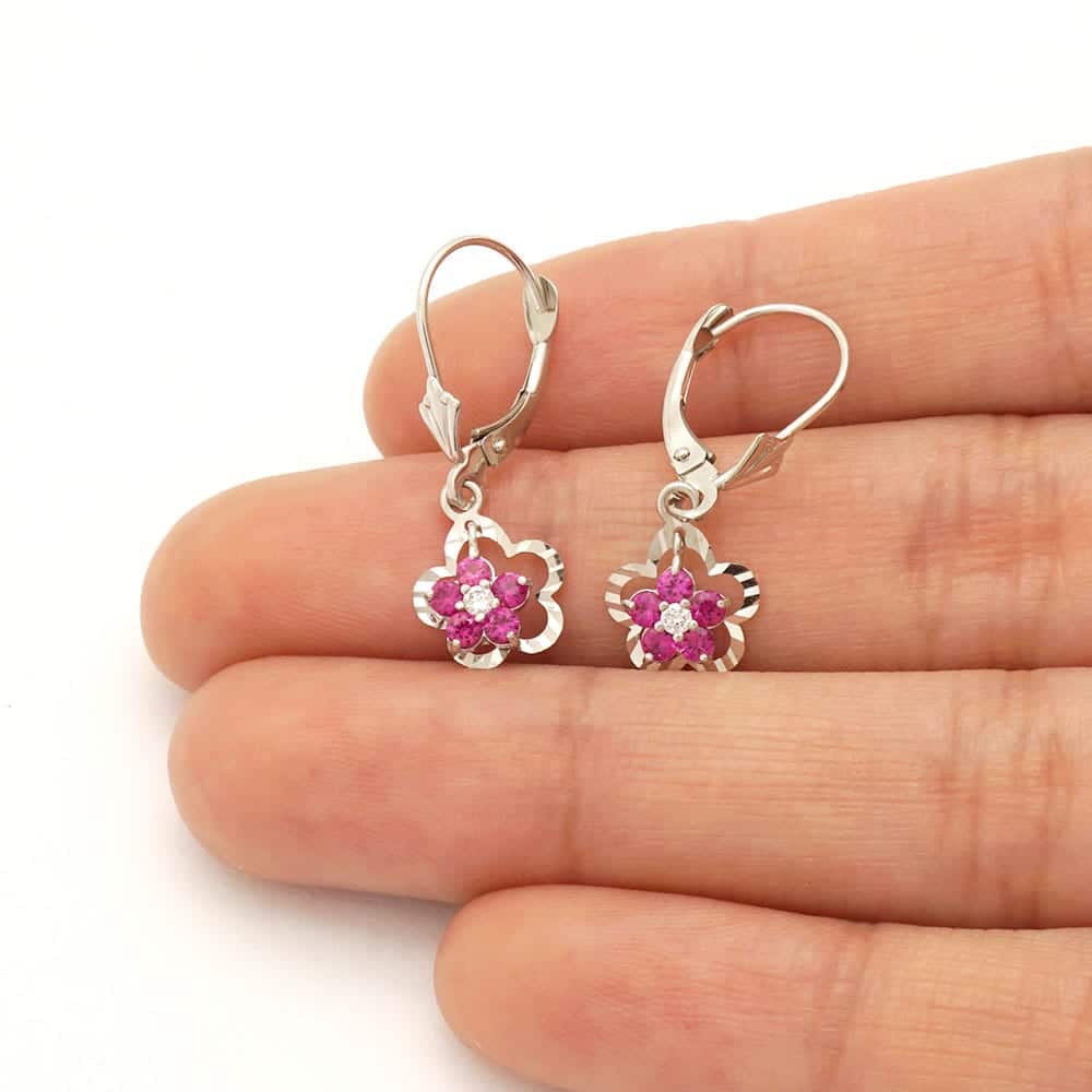 14K Real Gold Yellow White Birthstone Flower Shaped  Drop Leverback Earrings