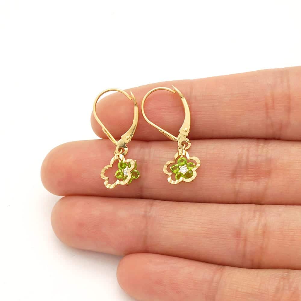 14K Real Gold Yellow White Birthstone Flower Shaped  Drop Leverback Earrings