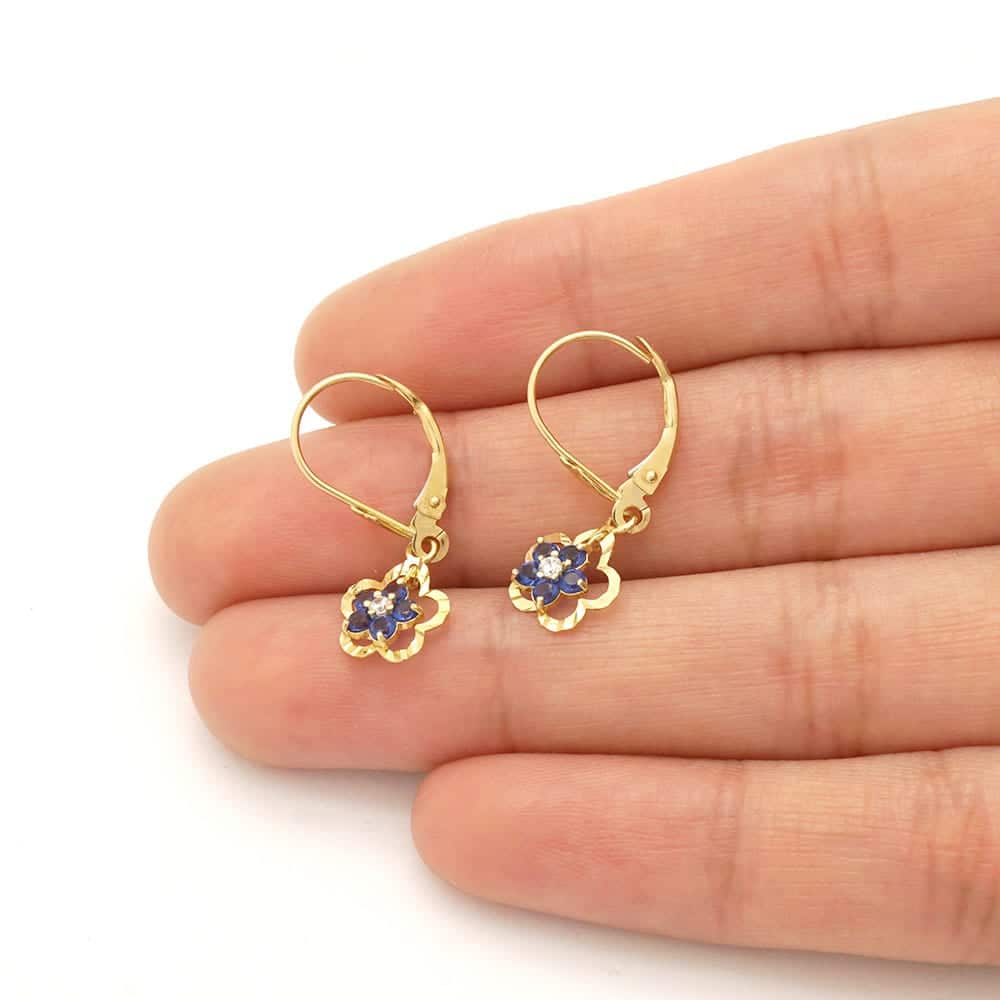 14K Real Gold Yellow White Birthstone Flower Shaped  Drop Leverback Earrings