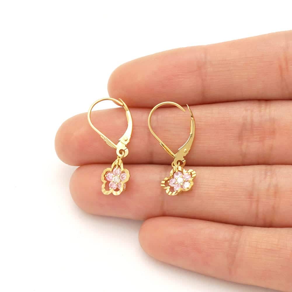 14K Real Gold Yellow White Birthstone Flower Shaped  Drop Leverback Earrings