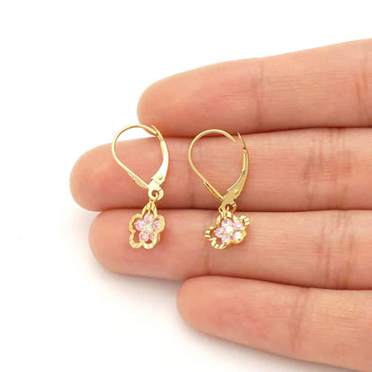 14K Real Gold Yellow White Birthstone Flower Shaped  Drop Leverback Earrings