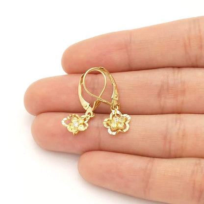 14K Real Gold Yellow White Birthstone Flower Shaped  Drop Leverback Earrings