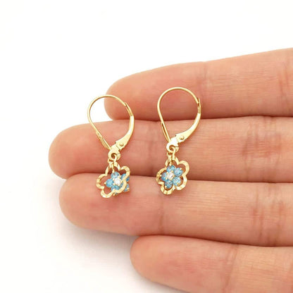 14K Real Gold Yellow White Birthstone Flower Shaped  Drop Leverback Earrings